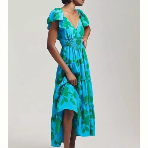 Anthropologie The Silverlake Flutter-Sleeve Dress with pockets in blue green XS - Picture 1 of 16